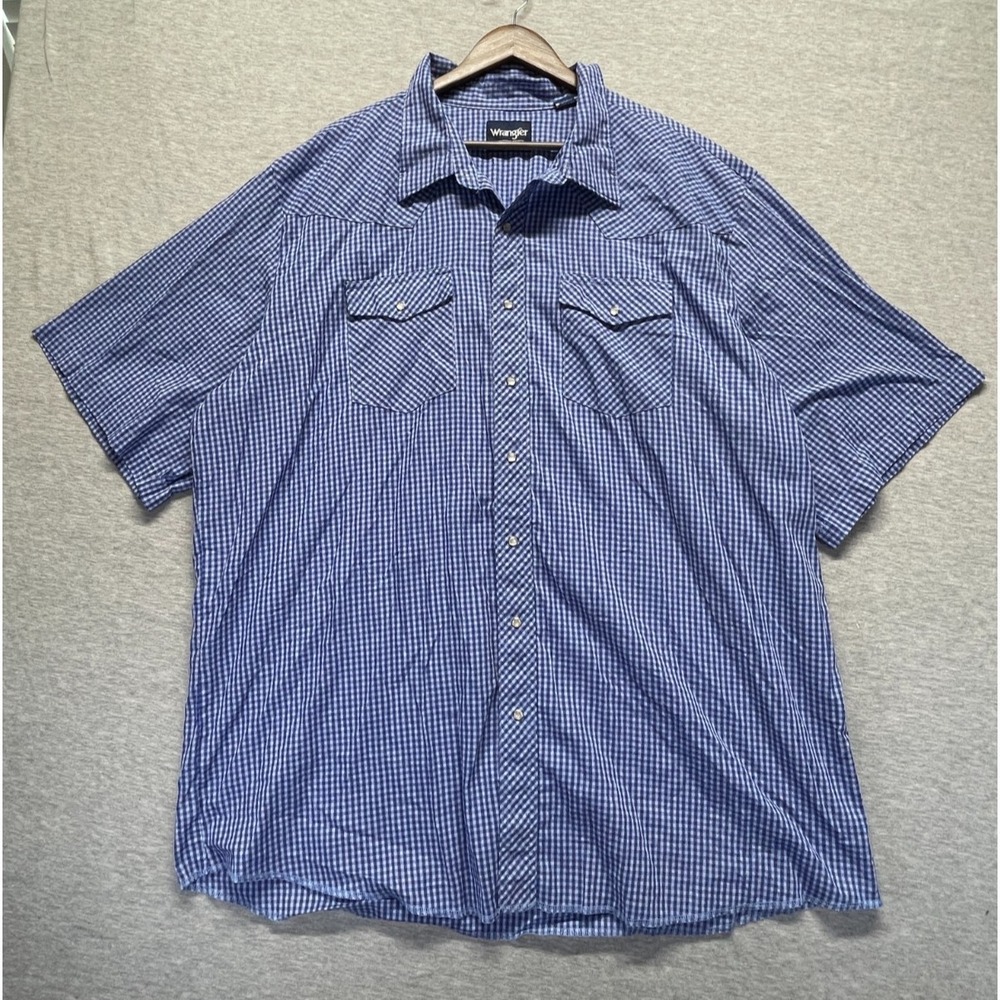 Wrangler Classic Western Shirt Mens 3XL Blue White Gingham Plaid Pearl Snap Up